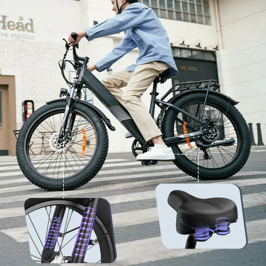 Person riding an electric bike on a city street with close-up insets of bike parts.