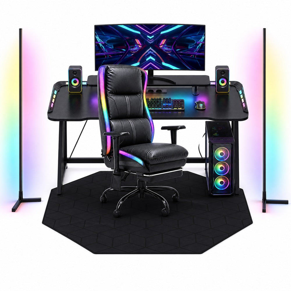 Gaming Desk with LED Lights, Monitor Stand & Power Strip