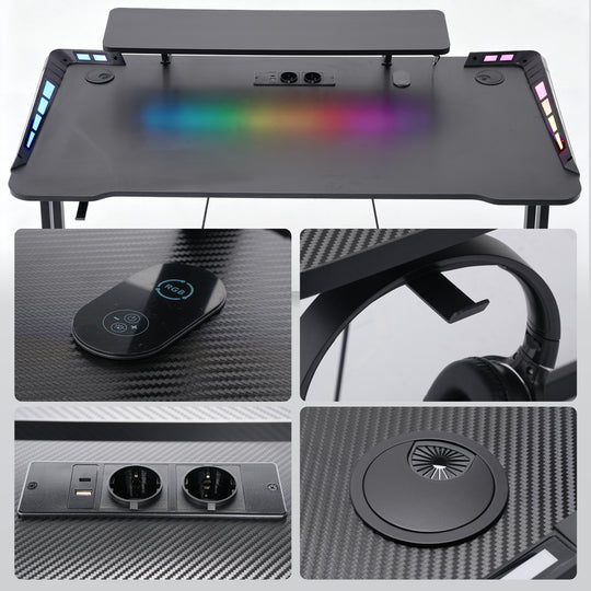 Gaming Desk with LED Lights, Monitor Stand & Power Strip
