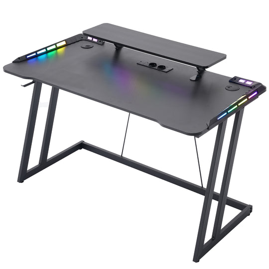 Gaming Desk with LED Lights, Monitor Stand & Power Strip
