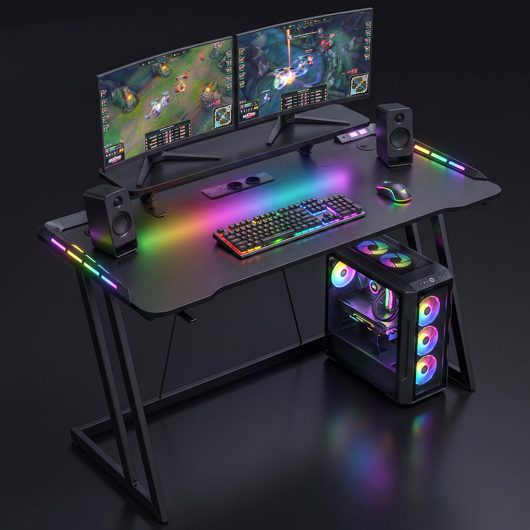 Gaming Desk with LED Lights, Monitor Stand & Power Strip