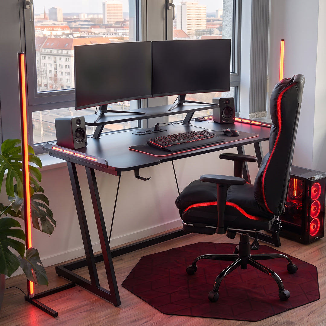 Gaming Desk with LED Lights, Monitor Stand & Power Strip