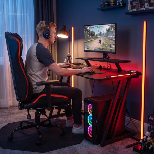 Gaming Desk with LED Lights, Monitor Stand & Power Strip