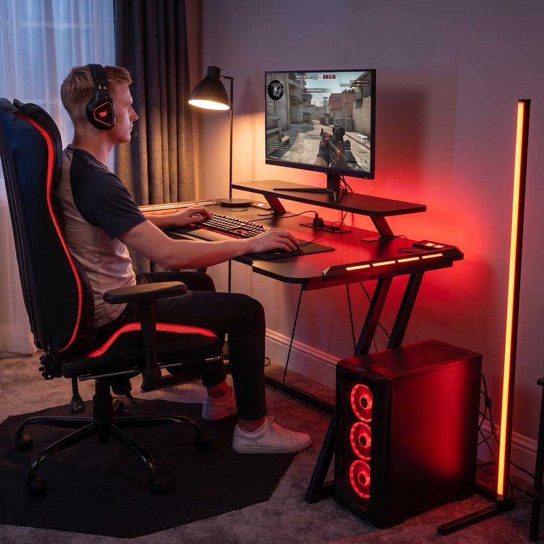Gaming Desk with LED Lights, Monitor Stand & Power Strip