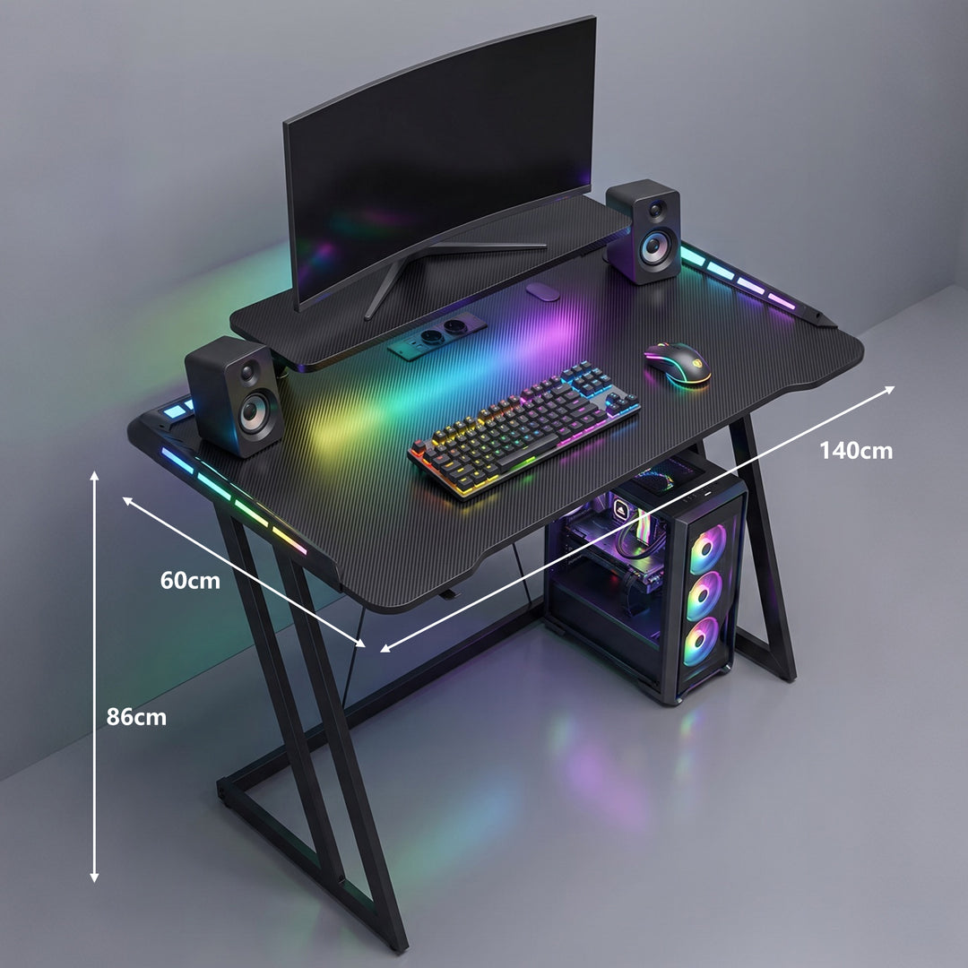 Gaming Desk with LED Lights, Monitor Stand & Power Strip