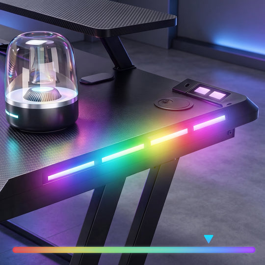 Gaming Desk with LED Lights, Monitor Stand & Power Strip