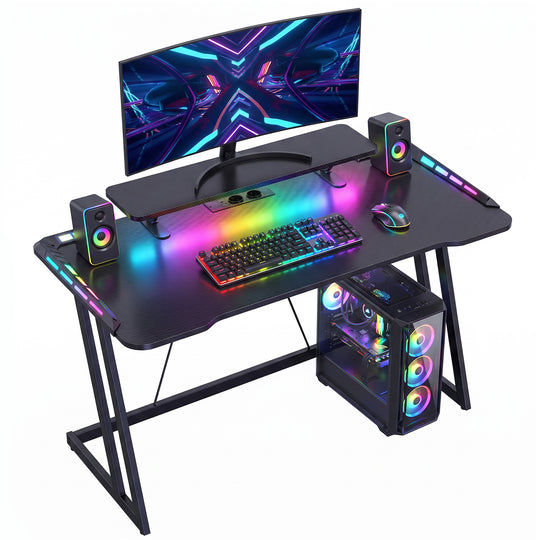 Gaming Desk with LED Lights, Monitor Stand & Power Strip