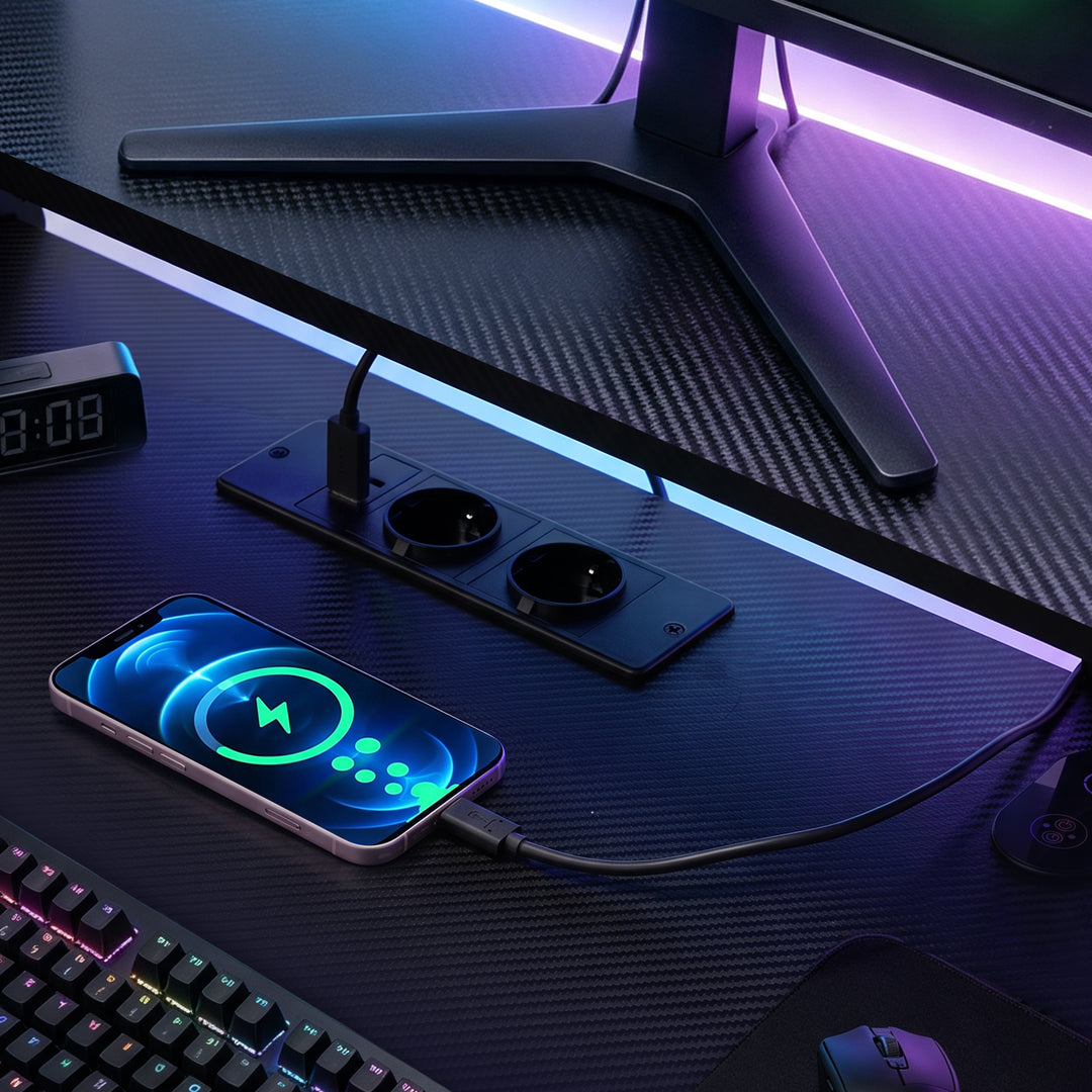 Gaming Desk with LED Lights, Monitor Stand & Power Strip