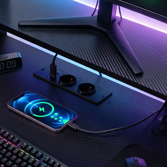 Gaming Desk with LED Lights, Monitor Stand & Power Strip