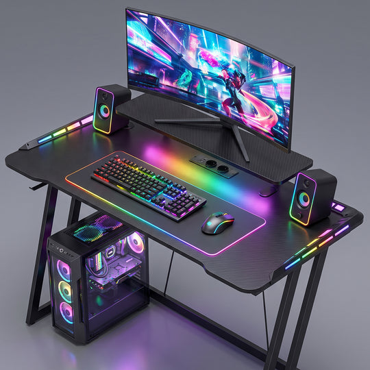 Gaming Desk with LED Lights, Monitor Stand & Power Strip